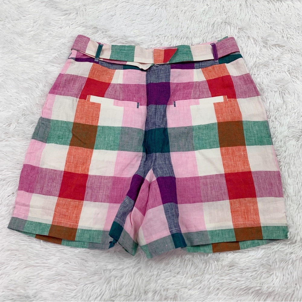 Boden Alma high rise Tie Waist Linen Shorts Bonbon Pink, Flambe Check - Picture 10 of 11